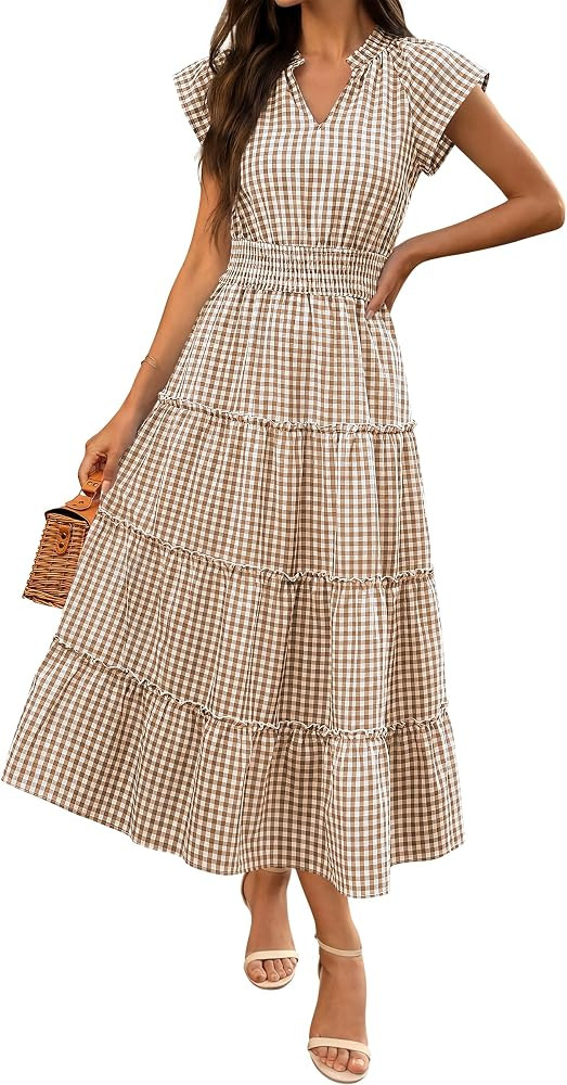 Caracilia Womens Summer Maxi Dresses Casual V Neck Cap Sleeve Gingham Striped Dress Flowy Tiered ... | Amazon (US)