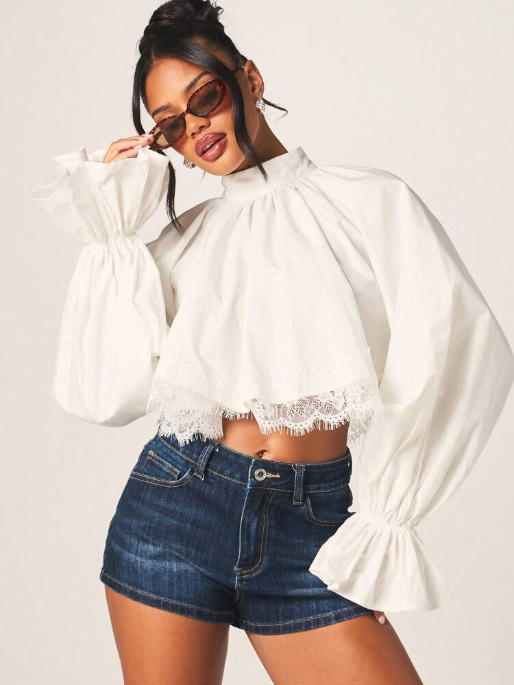 MISSGUIDED Women's Cropped Baby Doll High Neck Balloon Sleeve Lace Trim Blouse Fall Top | SHEIN