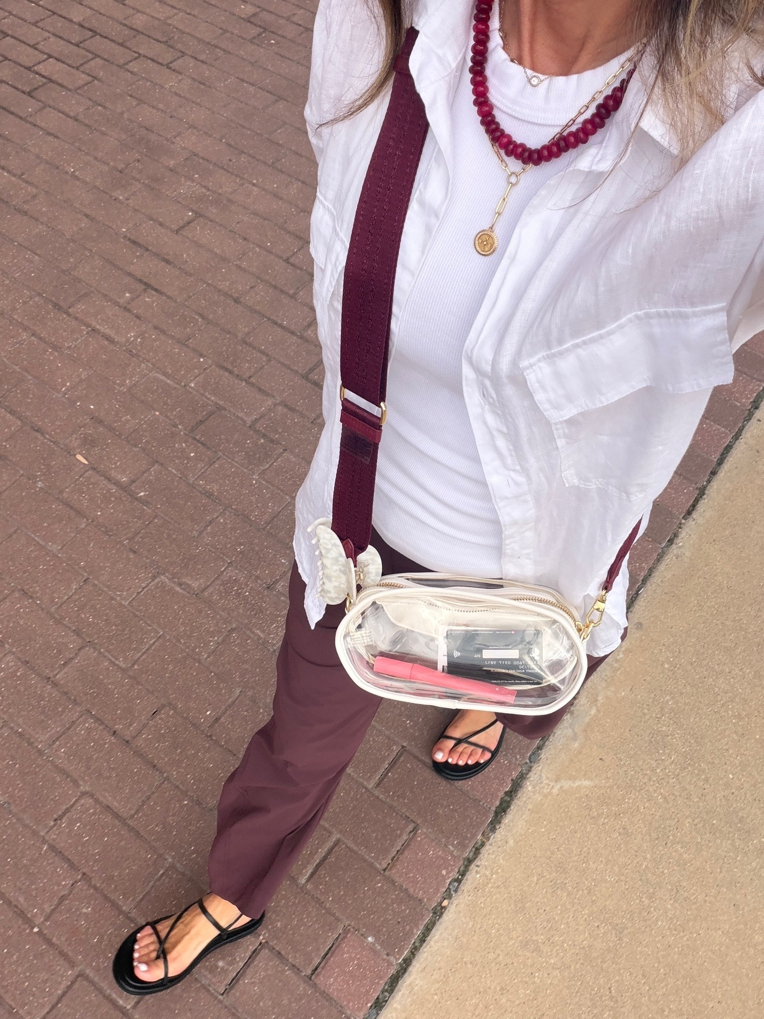 What I wore to the football game   Favorite viral pants sz 2 reg length color Aubergine 
-clear bag with several color strap options or add your teams