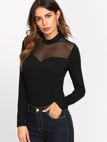 Mesh Insert Front Solid Tee | SHEIN