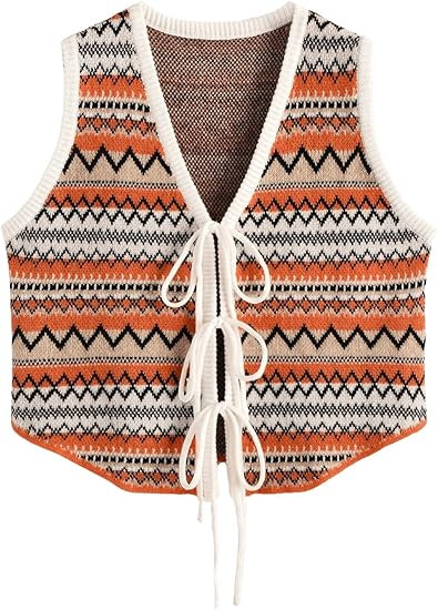 MakeMeChic Women's Striped V Neck Tie Front Sleeveless Knit Cropped Sweater Vest Top | Amazon (US)