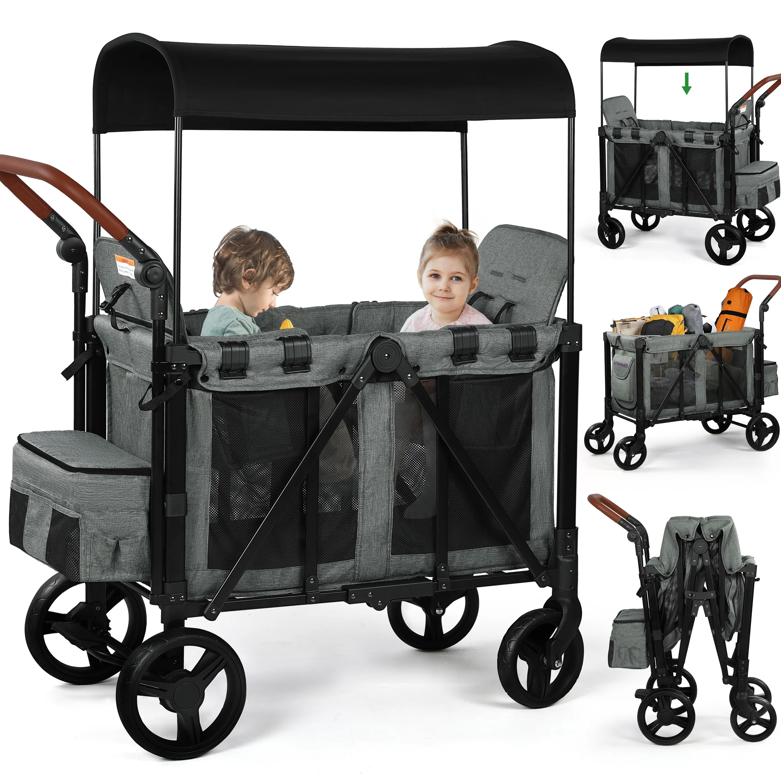 Vomeast Wagon Stroller for 2 Kids, 3-in-1 Wagon Stroller with Canopy, 5-Point Harness, Adjustable... | Walmart (US)