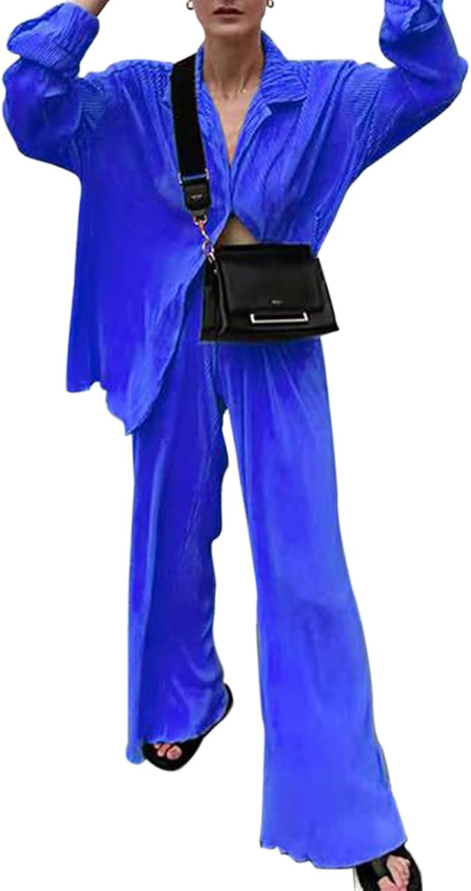 ABYOVRT Pleated 2 Piece Outfits for Women Long Sleeve Oversized Button Down Shirt Wide Leg Pants ... | Amazon (US)