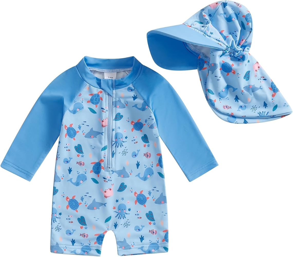 Toddler Baby Boy Swimsuit One Piece Rash Guard Bathing Suit Infant Beach Swimwear with Hat | Amazon (US)