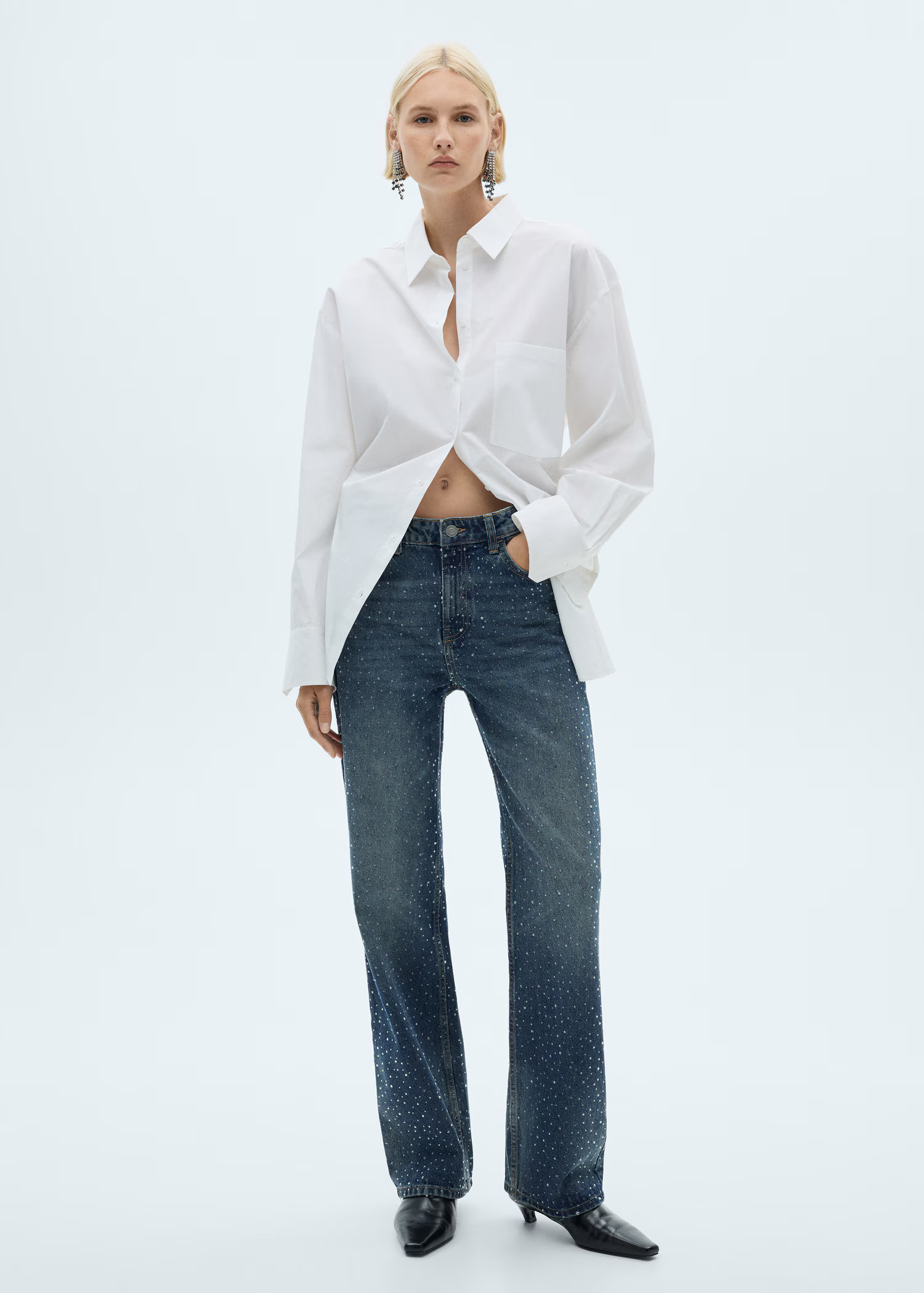 Straight-fit jeans with rhinestone detail - Women | MANGO USA | Mango (US/MX/AU)