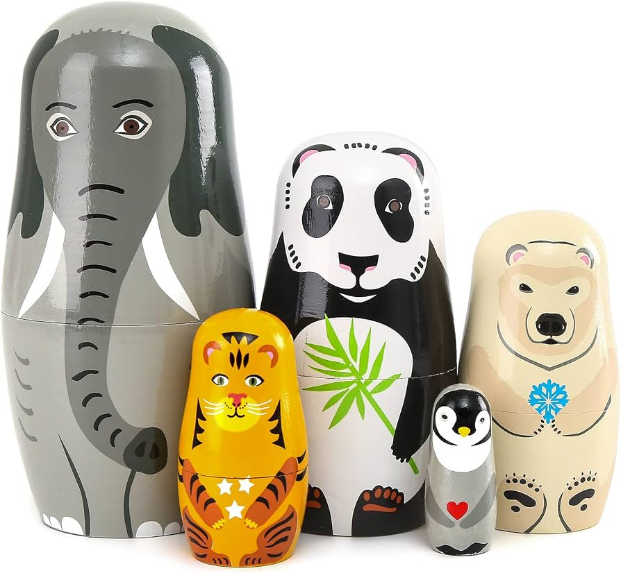 Moonmo 5pcs Handmade Wooden Animal Nesting Dolls - Elephant & Panda, Traditional Russian Matryosh... | Amazon (US)