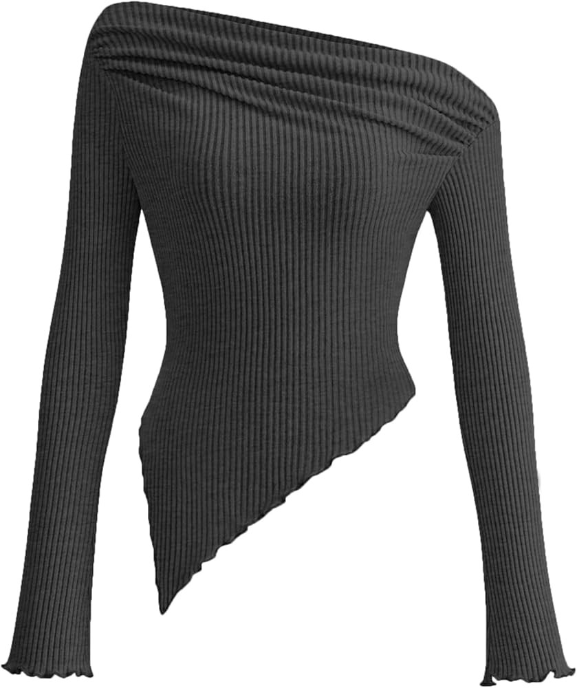 PRETTYGARDEN Women's Spring Long Sleeve Y2K Crop Top Trendy Off Shoulder Asymmetrical Fitted Knit... | Amazon (US)
