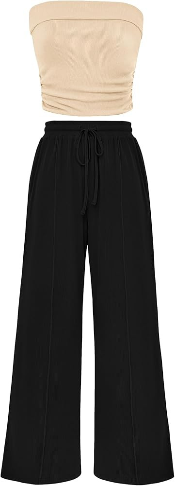 PRETTYGARDEN Womens Summer Outfits 2 Piece Sets Casual Ribbed Knit Crop Tube Top Wide Leg Pants S... | Amazon (US)