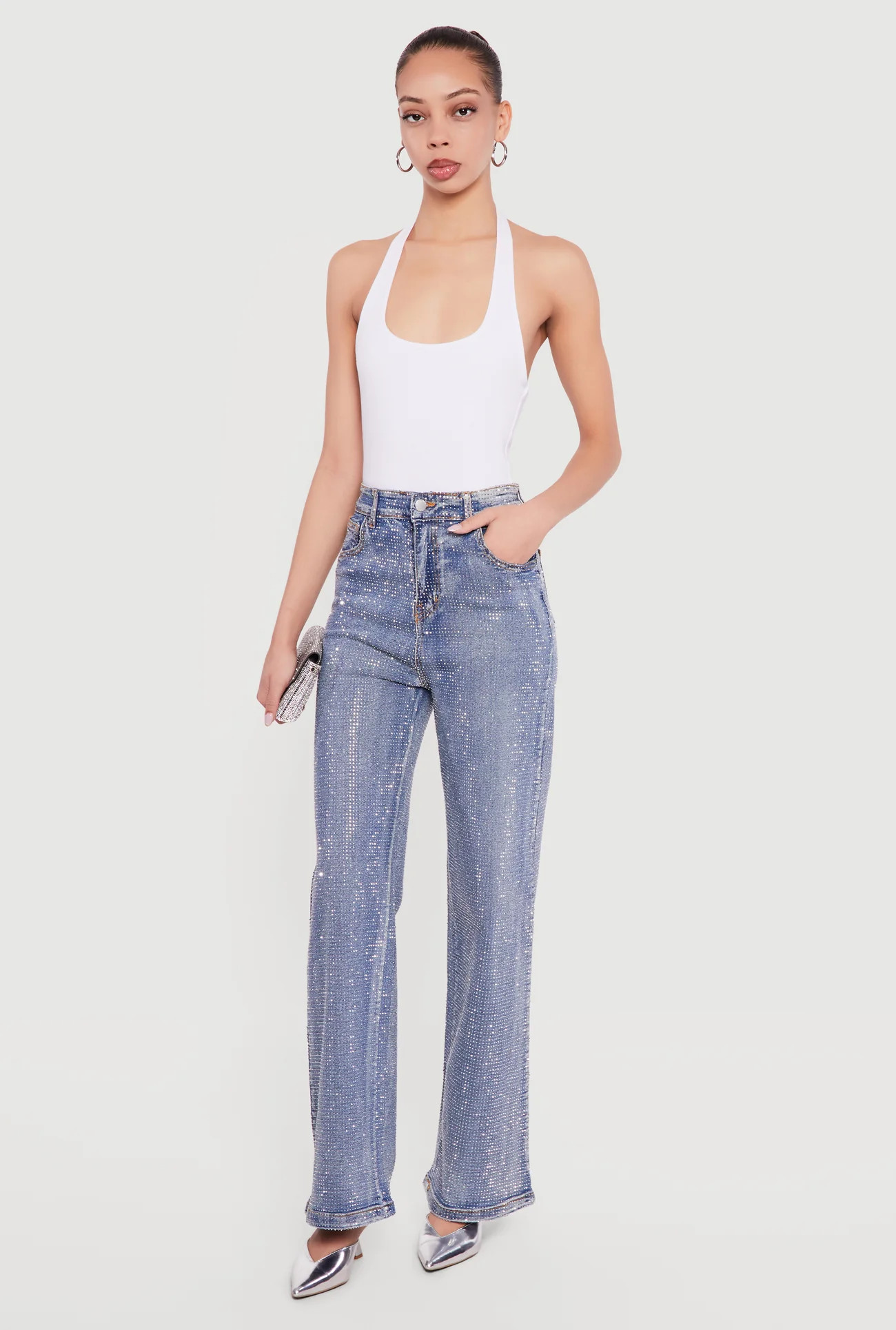Rhinestone Studded High Waisted Straight Leg Jeans | Rainbow Shops