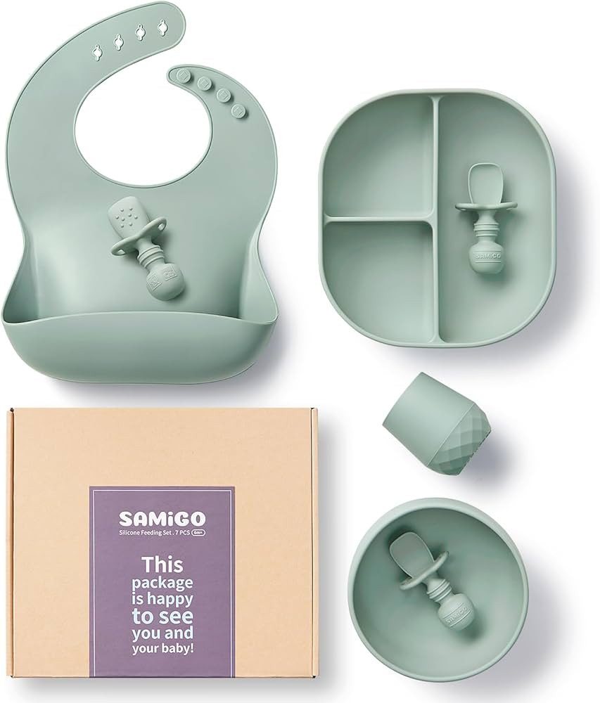 SAMiGO Silicone Baby Feeding Set, Suction Plate Bowl Set, Self Feeding Spoons, Bib, Cup, Baby Led... | Amazon (US)