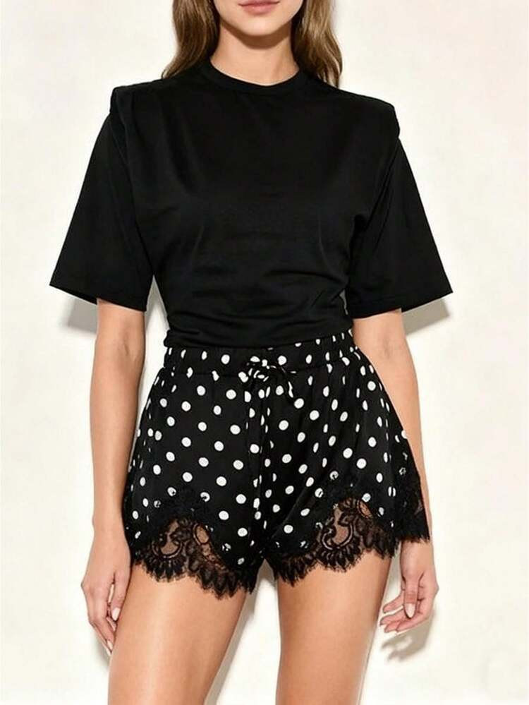 Casual Lace Trim Satin Shorts Ladies Elastic Waist Lounge Sleep Bottoms | SHEIN