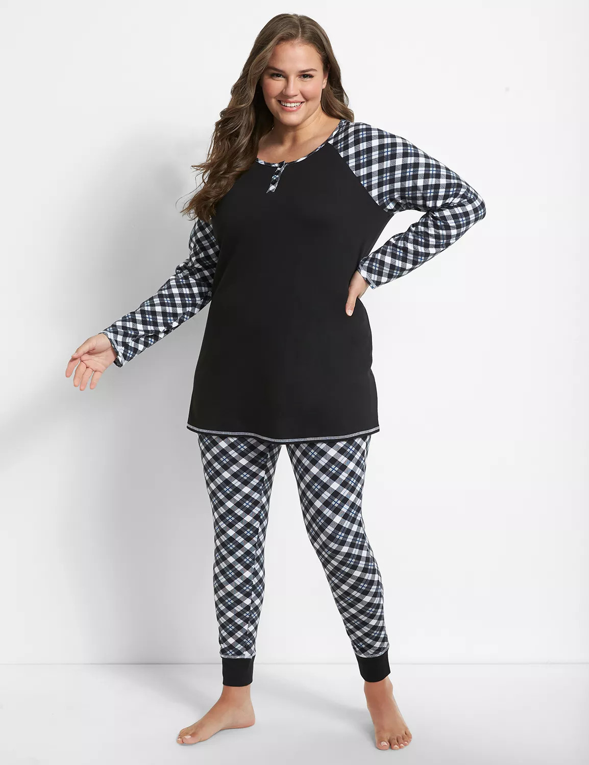 Lane Bryant Women's Henley Long-Sleeve Top & Legging Pj Set 14/16 Olivia Plaid Black | Lane Bryant (US)