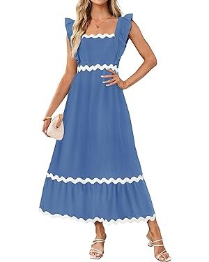 ZESICA Women's Summer Sleeveless Ruffle Dresses 2024 Square Neck Backless Boho Flowy Maxi Sundres... | Amazon (US)