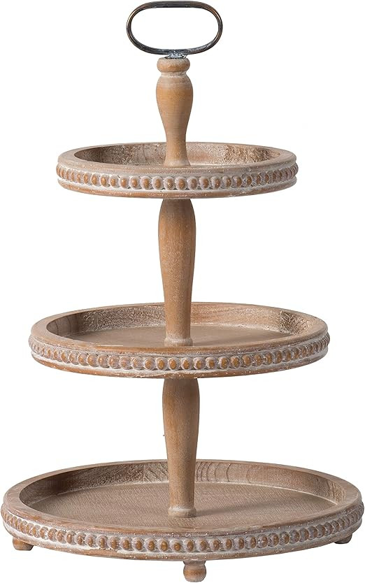 MISC Whitewash Tan 3-Tier Wood Bead Trim Tray Round | Amazon (US)