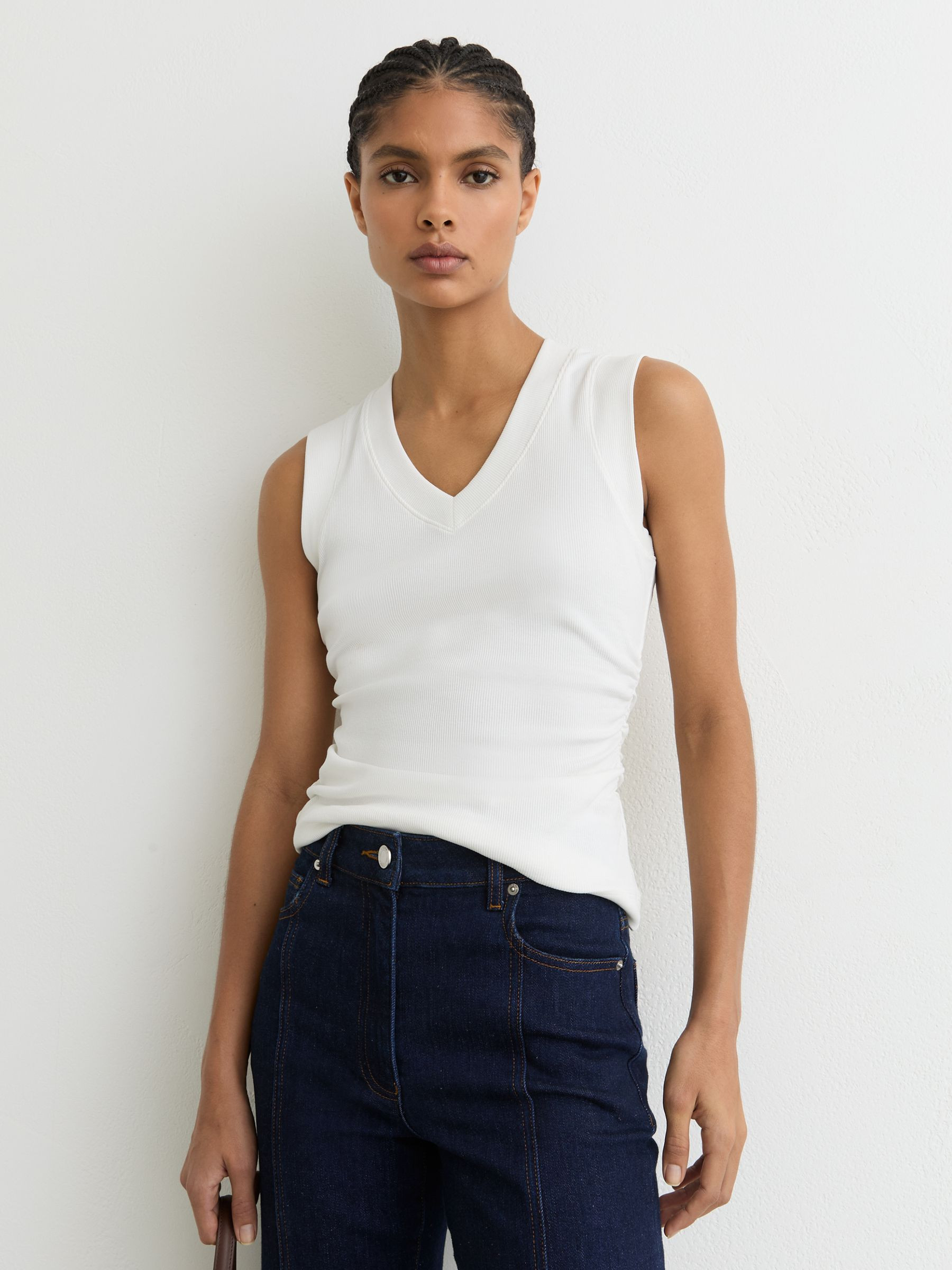 Reiss Stretch-Cotton Rib Ruched V-Neck Vest in White - REISS | Reiss UK
