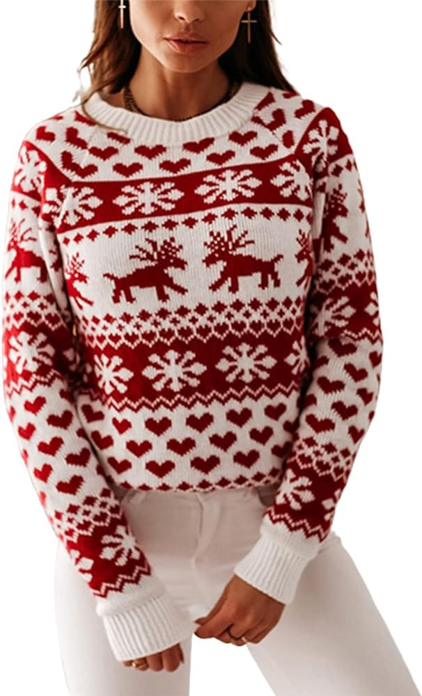 ZAFUL Women's Christmas Snowflake Reindeer Knitted Sweater Long Sleeve Crew Neck Heart Animal Pri... | Amazon (US)