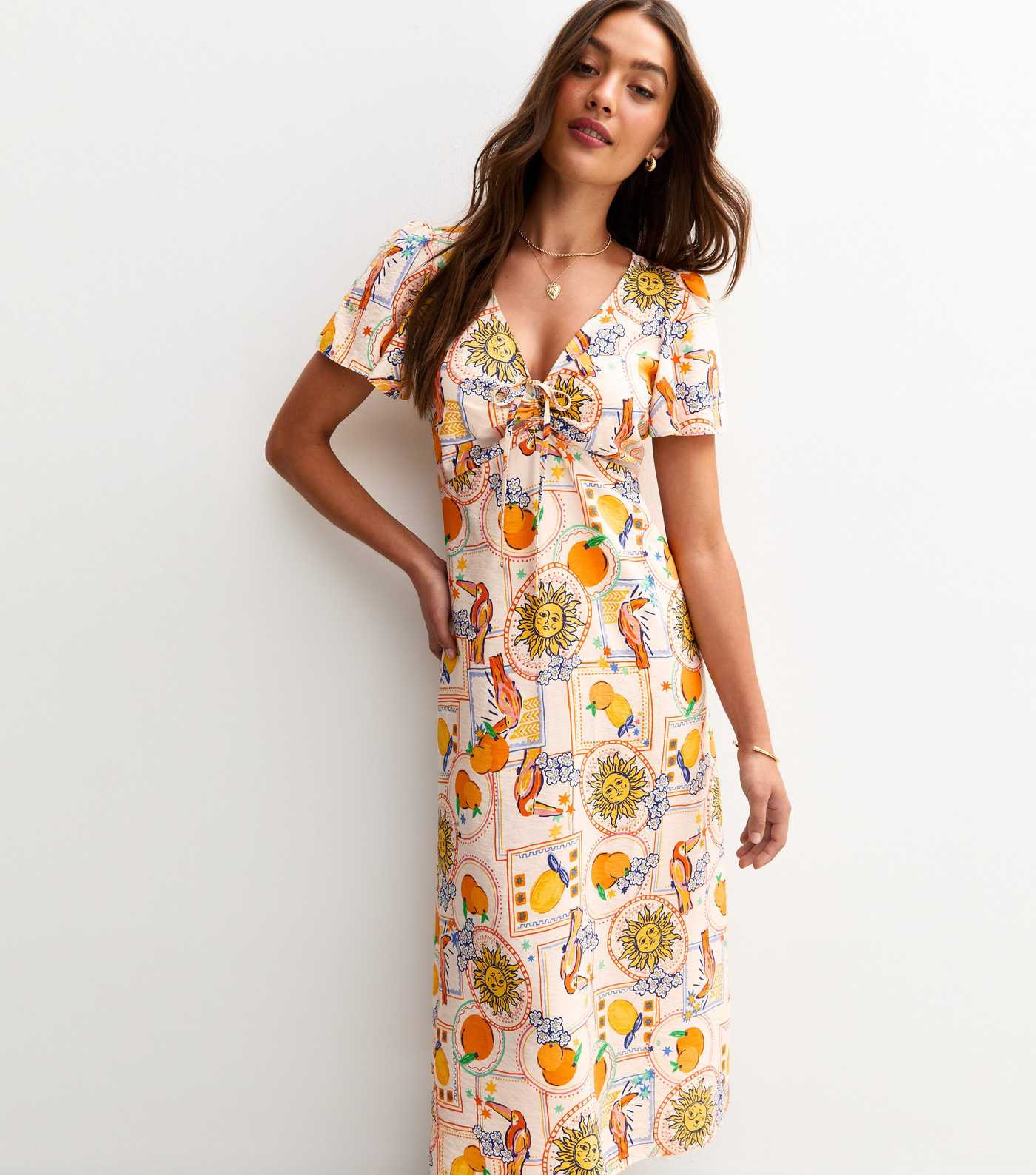 Cream Postcard Print Midi Dress | New Look | New Look (UK)