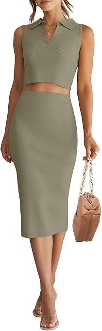 HAEOF Women's 2 Piece Summer Outfits Ribbed Knit Sleeveless Crop Tops Bodycon Midi Skirt Set 2024... | Amazon (US)