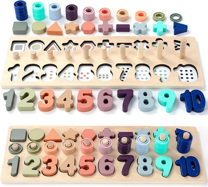 BEKILOLE Wooden Montessori Toys for Kids Toddler Number Puzzles Sorter Counting Shape Stacker Sta... | Amazon (US)