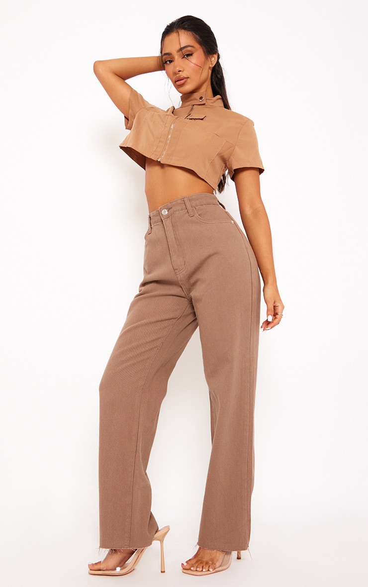 PRETTYLITTLETHING Petite Washed Brown Long Leg Straight Jeans | PrettyLittleThing UK