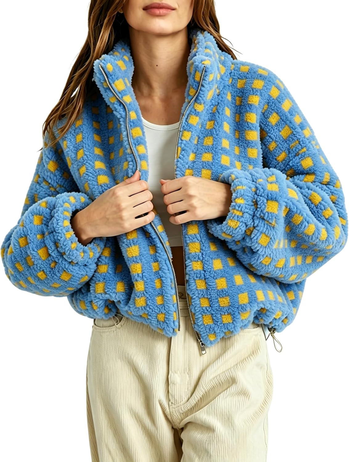 Esmeling Women’s Long Sleeve Cropped Sherpa Fleece Plaid Jacket Casual Chunky Teddy Fleece Outerwear | Amazon (US)
