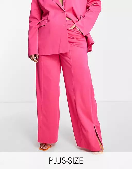 Extro & Vert Plus slouchy wide leg trousers with leg split in hot pink | ASOS (Global)