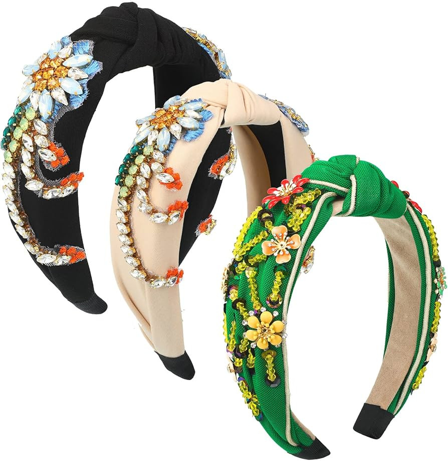 3 Pieces Rhinestone Crystal Wide Headbands Embellished Beaded Jeweled Headband for Women Handmade... | Amazon (US)