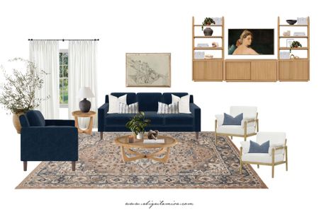 Do you have a family room that you want to look pretty, feel comfortable, and not worry about the kids ruining the furniture? I designed this kid-friendly family room with all that in mind. This design uses affordable furniture pieces from Walmart that have an updated traditional feel. Two three-seater velvet sofas and two chairs allow comfortable seating for up to ten people. The media center flanked with two bookcases gives you lots of open and closed storage. The rug featuring a medallion pattern brings warmth to the room and the white curtains soften the space. Mixed materials throughout the decor add interest while cozy pillows invite you to sit down to watch your favorite shows on the frame TV.

#LTKSeasonal #LTKCyberWeek #LTKhome