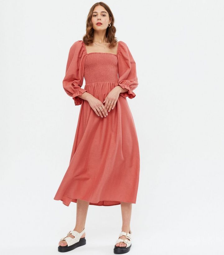Mid Pink Shirred Square Neck Midi Dress
						
						Add to Saved Items
						Remove from Saved I... | New Look (UK)
