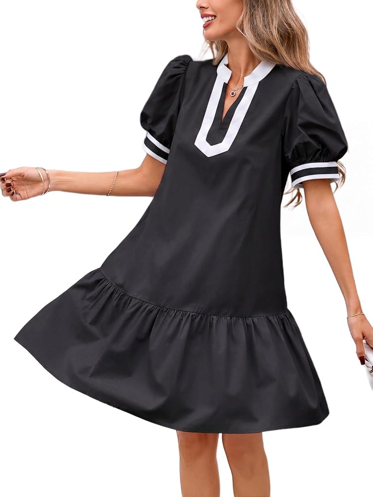 LifeShe Summer Short Puff Sleeve Dress for Women Loose Color Block V Neck Mini Beach Dresses with... | Amazon (US)