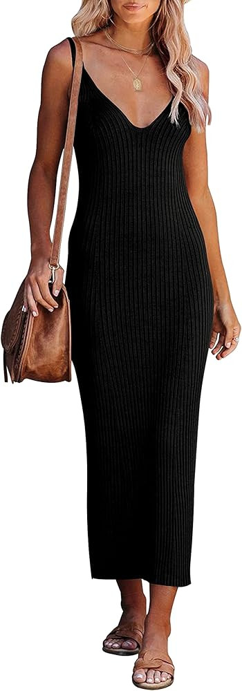 MEROKEETY Womens 2024 Summer V Neck Knit Midi Dress Bodycon Sleeveless Ribbed Sweater Dresses | Amazon (US)