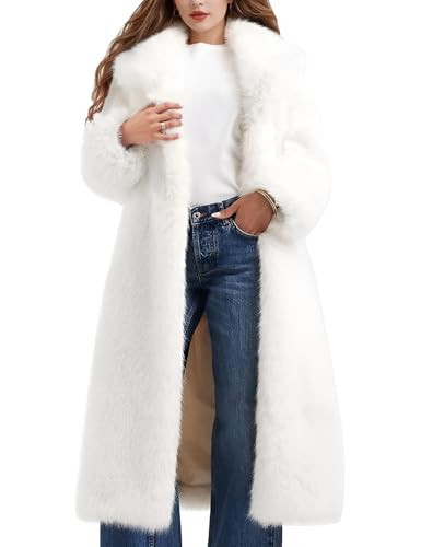 Flygo Womens Long Faux Fur Coats Winter Fluffy Open Front Luxury Overcoat Shaggy Lapel Long Sleeve Fuzzy Warm Cardigan Jacket(White-XL) | Amazon (US)
