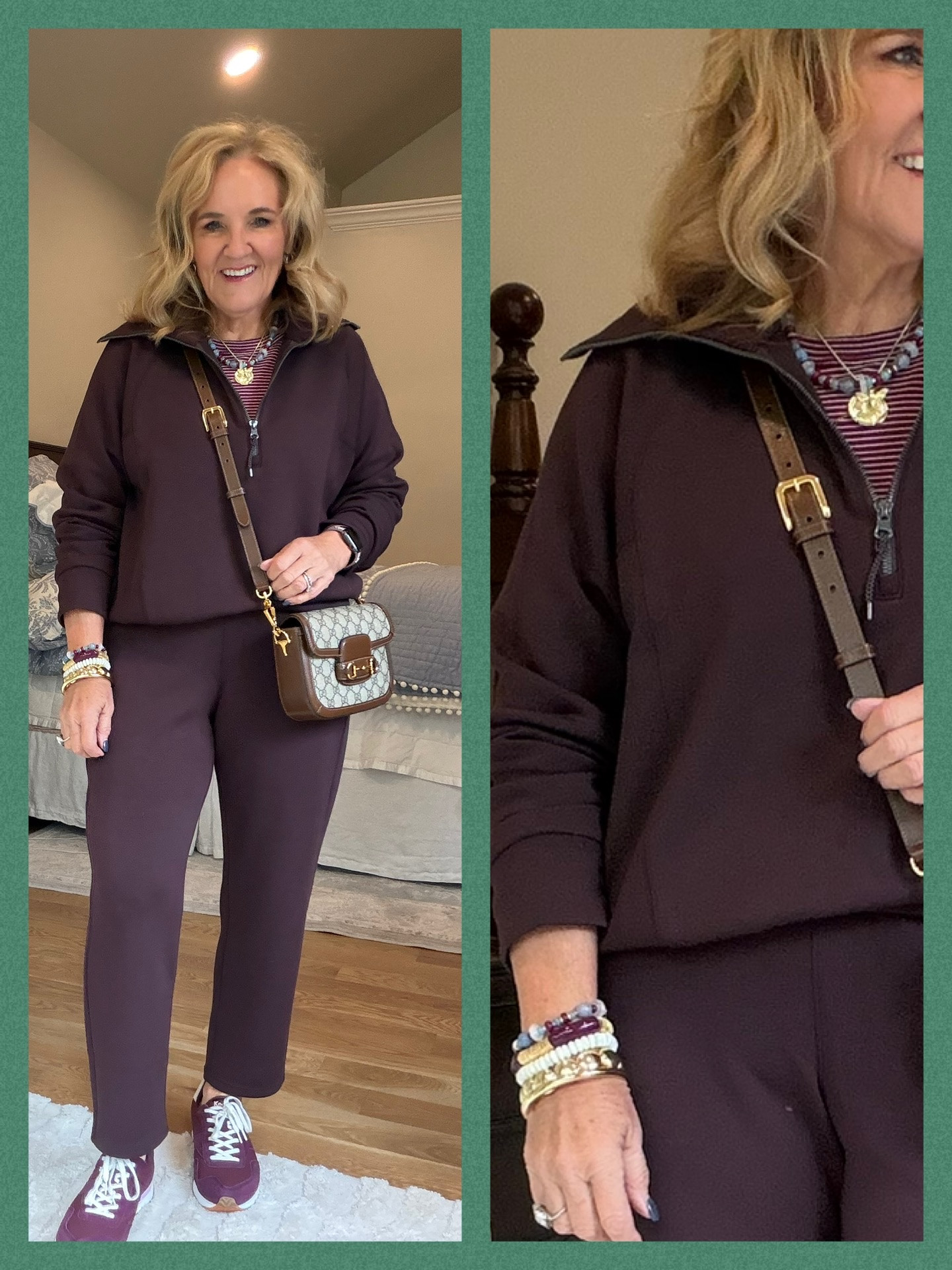 Spanx new truffle brown! 
1/2 zip size large 
Slim straight pants size petite medium 
Tshirt size medium 
Sneakers tts 
Jewelry 20% off code NANETTE20
Spanx 15% off for new customers NANETTEXSPANX 

#LTKPetite #LTKOver40 #LTKTravel