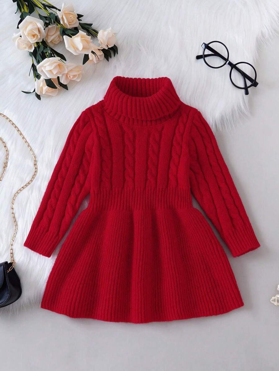 SHEIN Vintaside Kids Baby Girl Turtleneck Cable Knit Flare Hem Dress, For Christmas | SHEIN