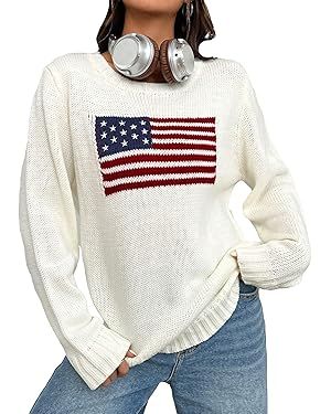 SweatyRocks Women's Flag Pattern Long Sleeve Round Neck Sweater Casual Loose Pullover Sweater | Amazon (US)