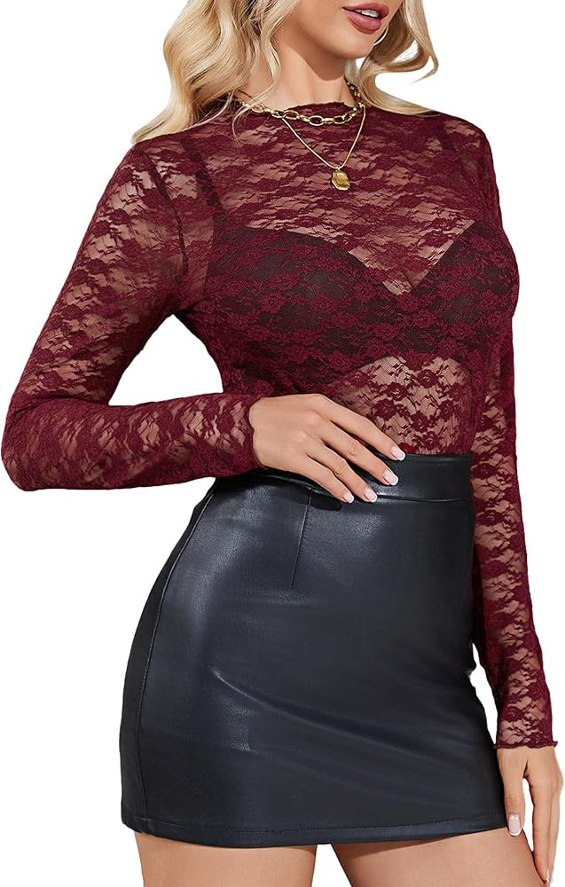 Totatuit Womens Lace Top Long Sleeve Floral Mesh Tops Sheer See Through Sexy Shirt Concert Outfit... | Amazon (US)