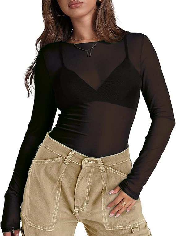 WIHOLL - Blusas de malla traslúcidas para mujer, sexy, cuello redondo, para verano, holgadas, pa... | Amazon (US)