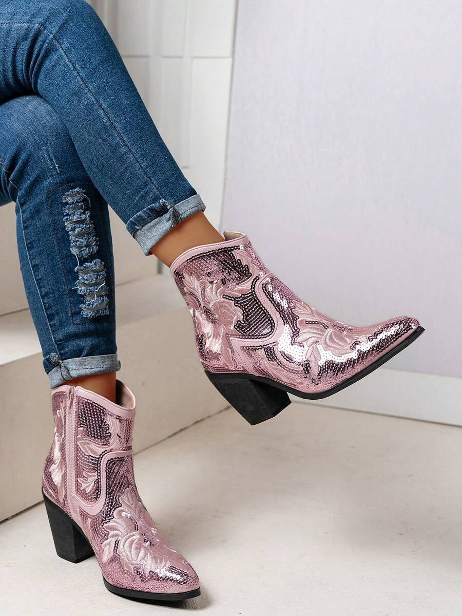 Sequin Floral Embossed Western Ankle Boots For Women, Pointed Toe Chunky Block Heel Cowboy Bootie... | SHEIN