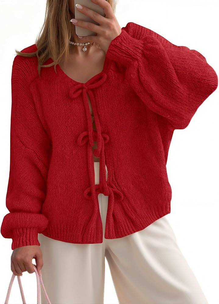 UNCLECAT Womens Bow Tie Front Cardigan Sweaters Oversized Fall Open Front Cardigans Cute Loose Kn... | Amazon (US)
