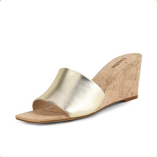 Easyfox Gold Wedge Sandals for Women Open Toe Slip on Wedge Heels Square Toe Heeled Sandals Summer Dress Sandals Size 9.5 | Amazon (US)