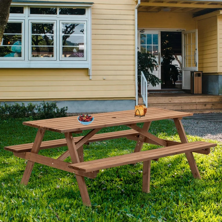 75 Inch Picnic Table, 8-Person Wooden Picnic Table with 2 Built-In Benches, Outdoor Camping Dinin... | Walmart (US)