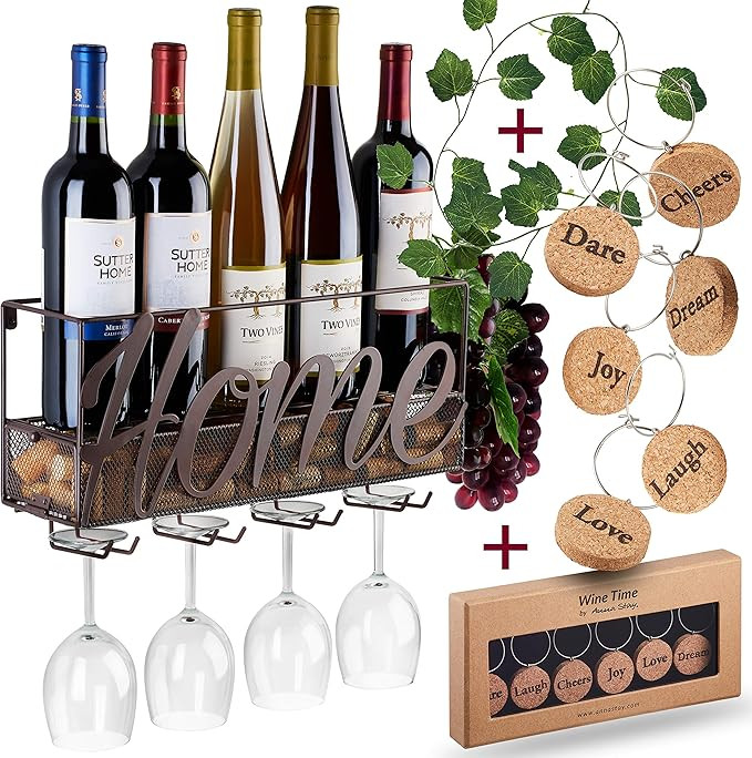 Anna Stay Wine Rack Wall Mounted Decorative Wine Rack with Wine Glass Holder, inc Cork Storage & ... | Amazon (US)