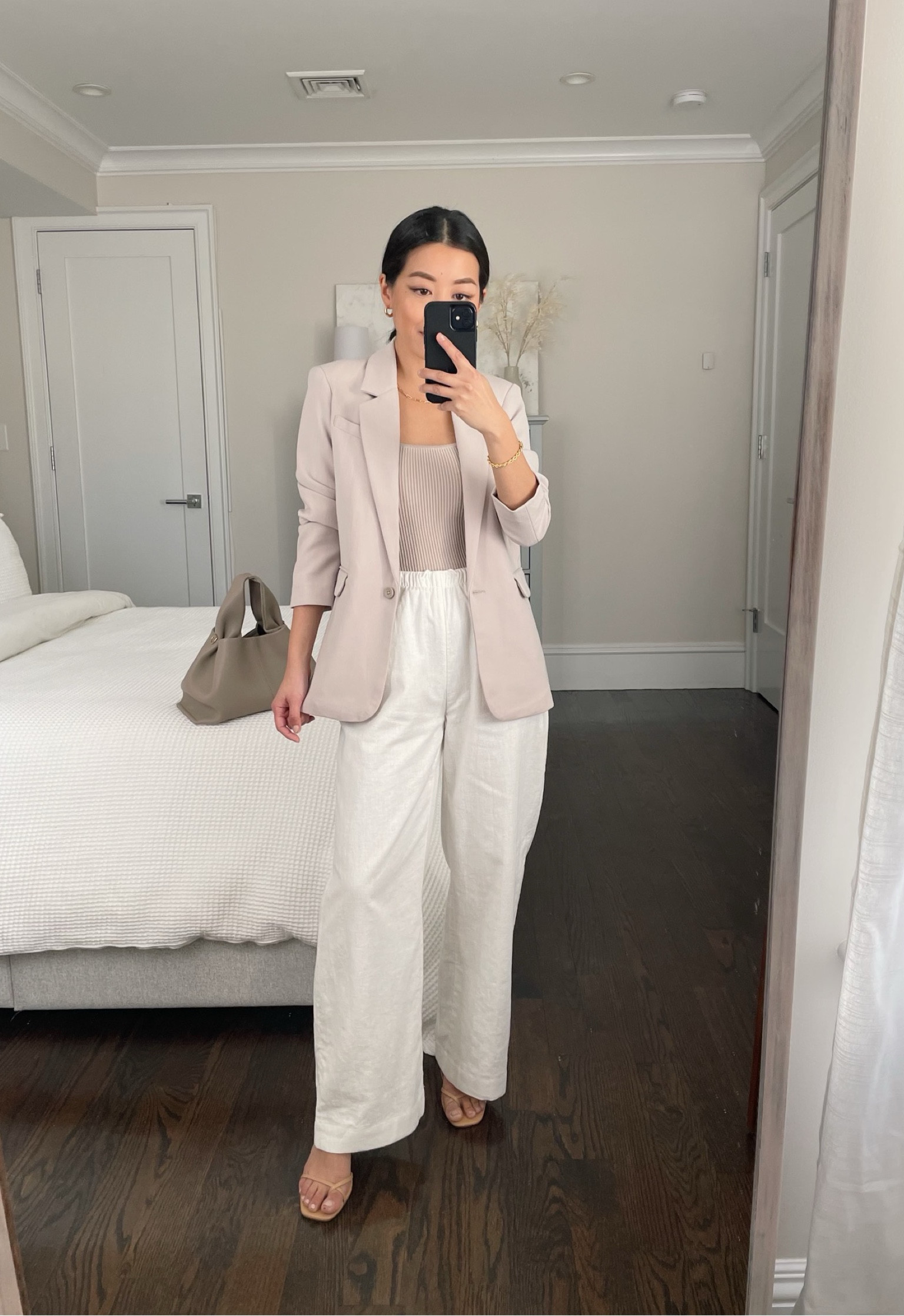 petite outfit ideas // business casual with linen pants 

•A+F linen blend pants xxs short 
•Relaxed boyfriend blazer xxs petite
•Square neck sweater tank xxs
•Reformation sandals 5.5 - similar look for less also linked
•Polene bag

#petite #vacation warm weather outfit idea 

#LTKsalealert #LTKtravel #LTKunder100