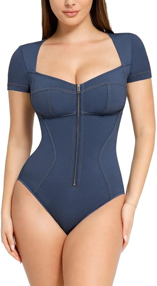 Popilush Shapewear Bodysuit for Women Denim Tummy Control Square Neck Bodycon Thong Bodysuit Shor... | Amazon (US)