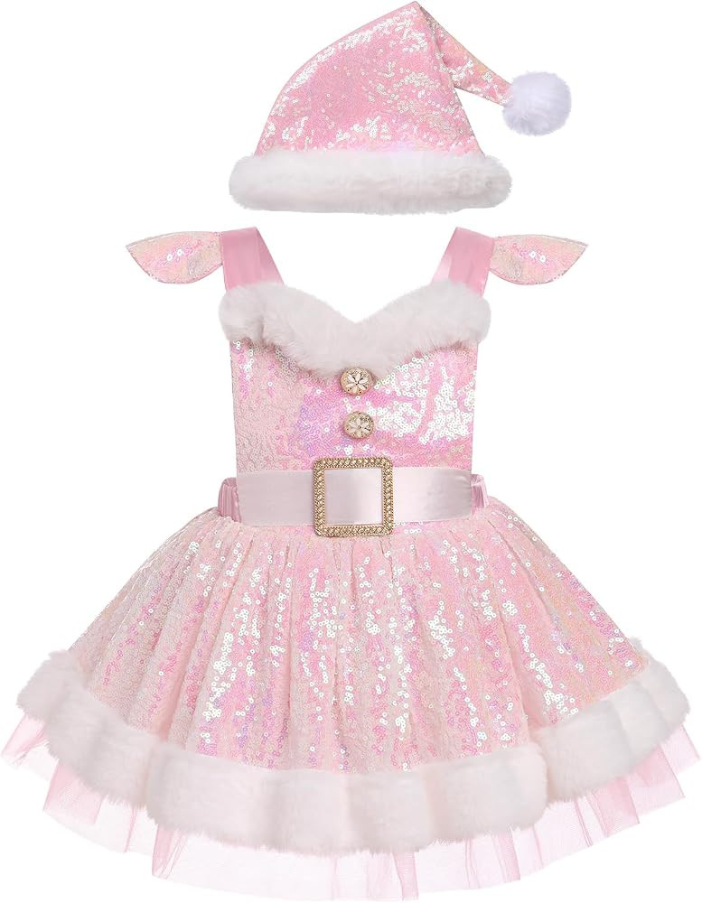 IMEKIS Toddler Girls Christmas Santa Costume Sequin Princess Dress Romper with Hat Halloween Cosp... | Amazon (US)