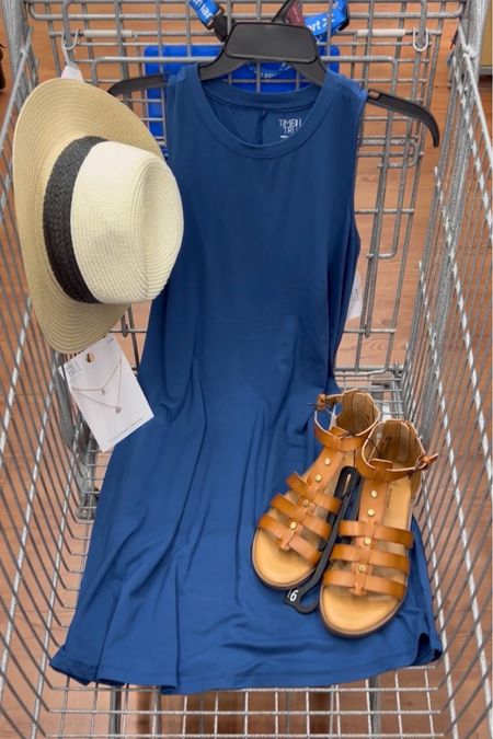 Walmart outfit idea with this $10 swing dress (tts small) and gladiator sandals (tts). This necklace is so cute and just $3.88. Like all layered necklaces it can get tangled easily so be careful! lol This fedora fits great, I love Walmart hats! #walmartfinds 

#LTKfindsunder50 #LTKstyletip #LTKfindsunder100