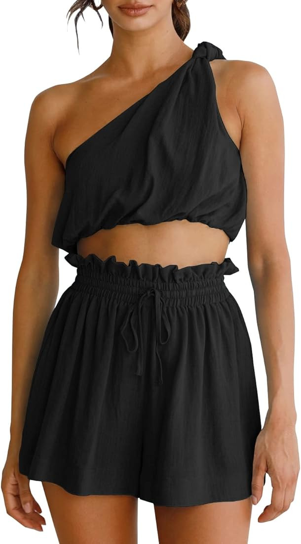 Imily Bela Womens Summer 2 Piece Outfits Short Sets Sexy Sleeveless One Shoulder Crop Top and Pap... | Amazon (US)