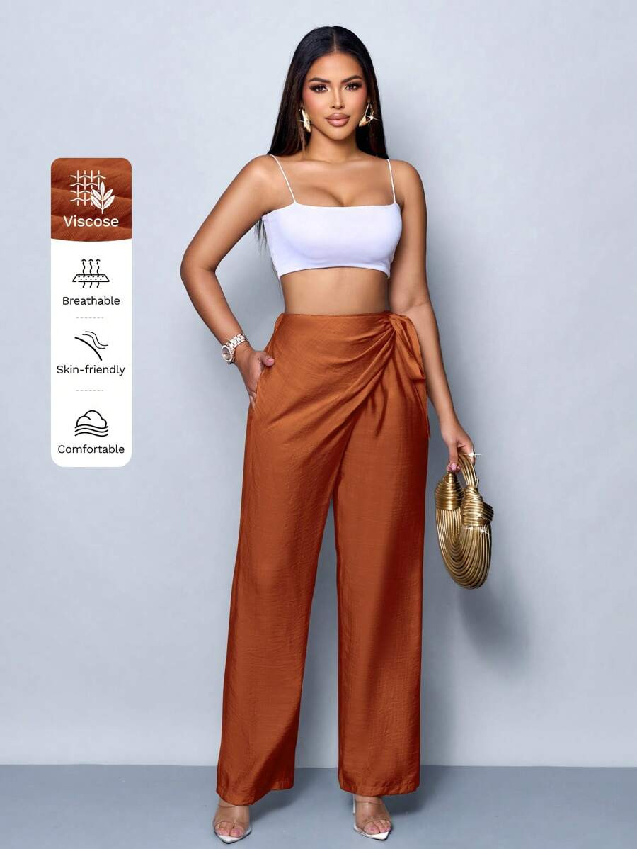 SOLERSUN Women's Belted High Waist Linen-Blend Belted Wide Leg Pants | SHEIN
