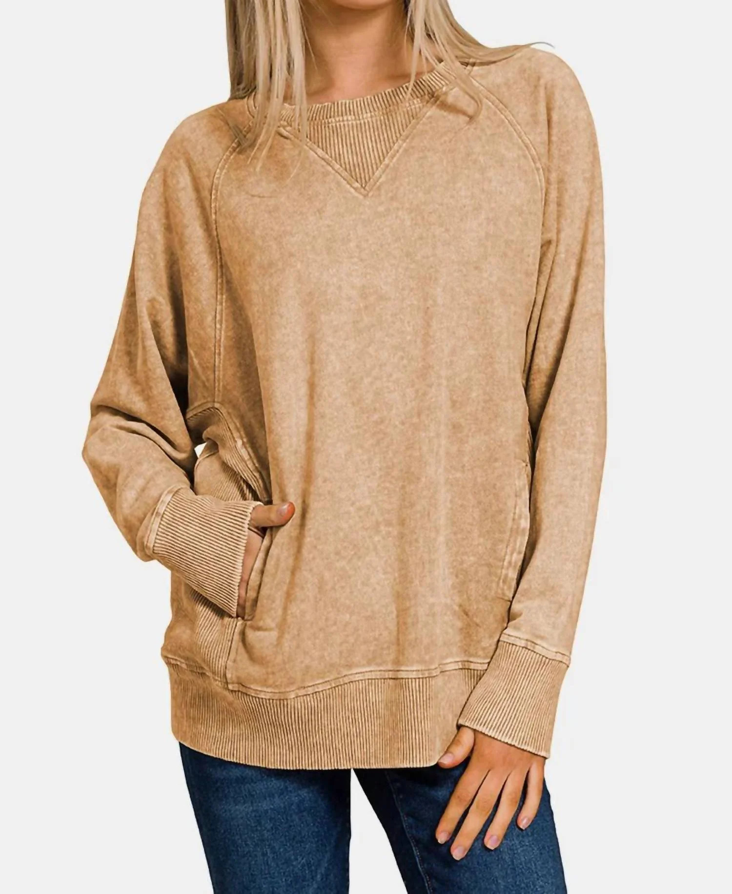 Pocketed Round Neck Sweatshirt In Camel | Shop Simon