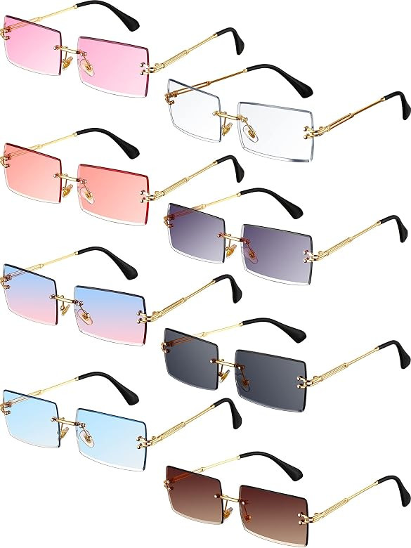 Weewooday 8 Pairs Vintage Rimless Rectangle Sunglasses Tinted Lens Gold Metal Frameless Eyewear S... | Amazon (US)